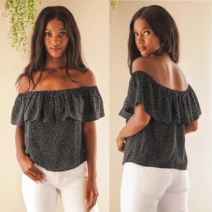 Black Off Shoulder Polka Dot Ruffle Blouse Top